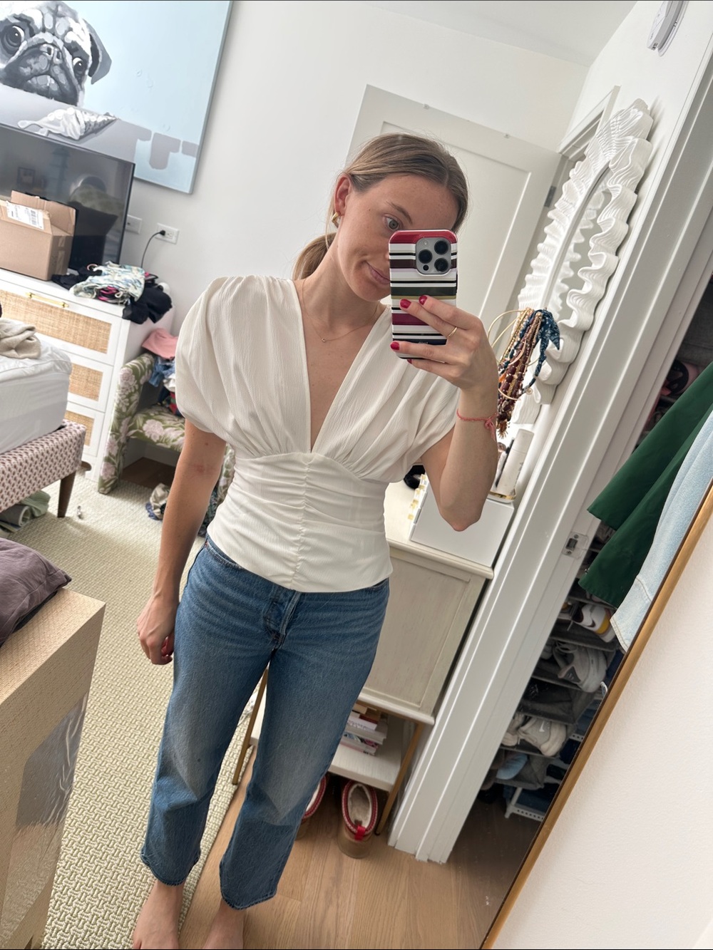 C/MEO Collective White Puff-Sleeve V-Neck Ruched Waist Top Size XS
